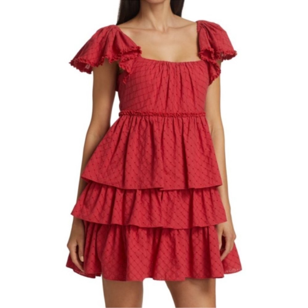 cinq a sept Red Tiered Ruffle Mini Dress with Square Neck